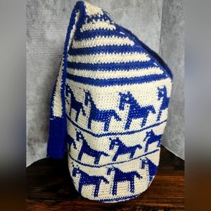 Cotton Bucket Bag with Horse Motif in Blue and White Wayuu mochila